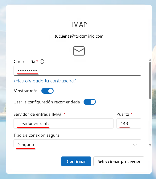 IMAP Config Sin SSL